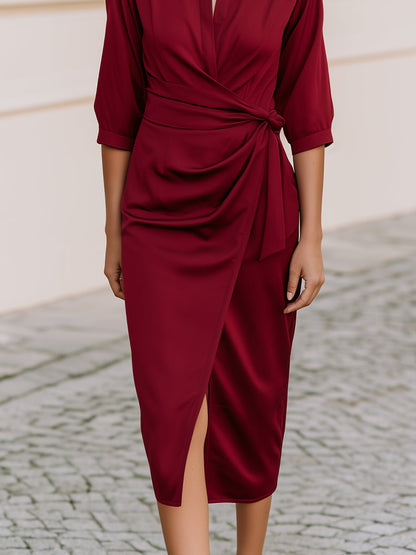 Collared 3/4 Sleeve Wrap Tie Waist Satin Midi Shirt Dress