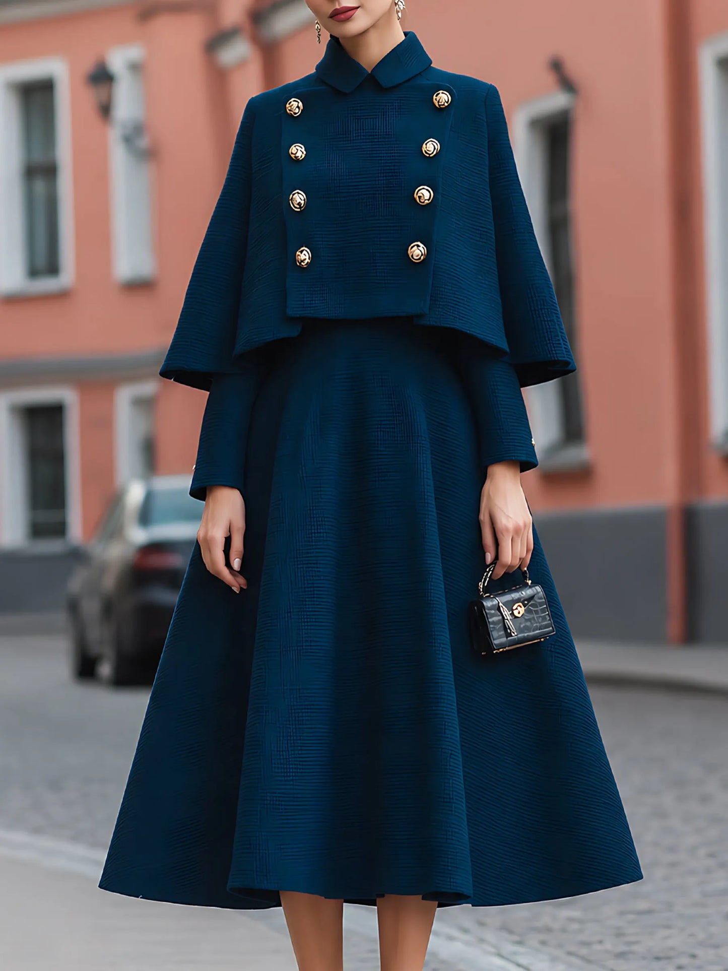 Tweed-Texture Cape Jacket And A-Line Dress Set