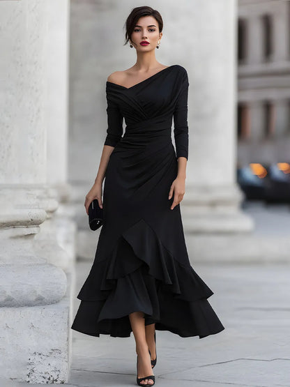 One-Shoulder Ruched Asymmetric Ruffle Hem Maxi Dress