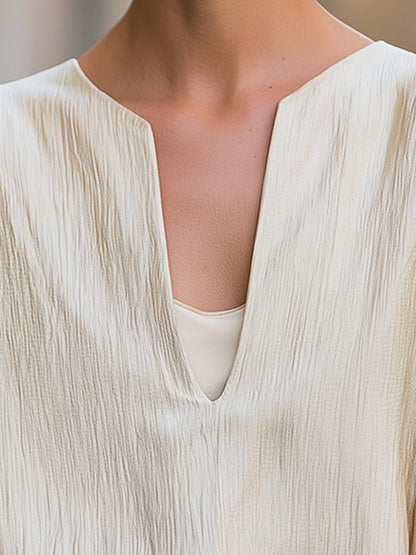 Minimalist Textured V-Neck Blouse With Relaxed Short Sleeves