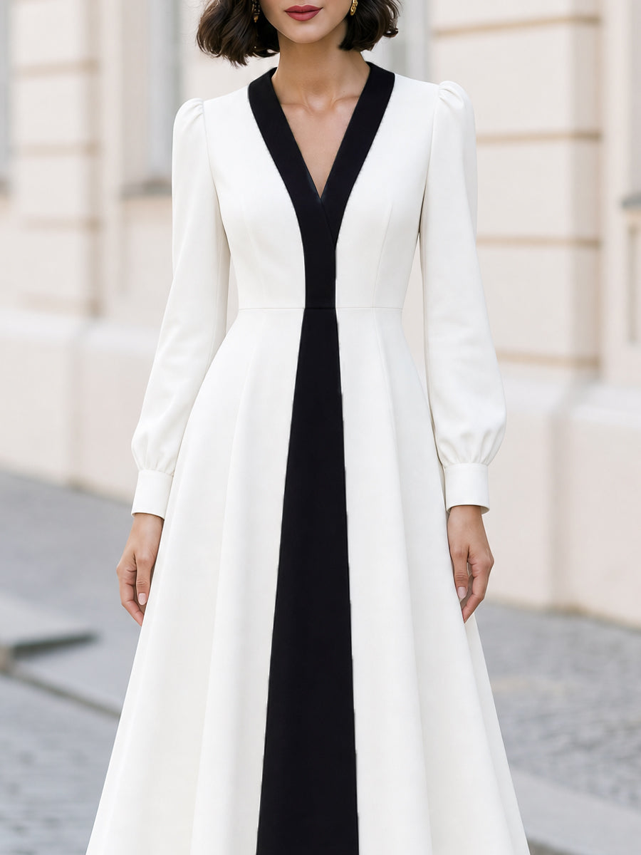 Black Contrast V-Neck Puff Long Sleeve Flared Midi Dress