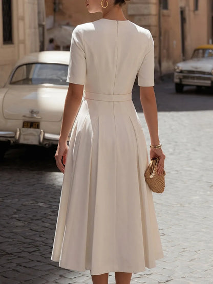 Vintage-Inspired Crepe Midi Dress With Button Front & Belted Waist