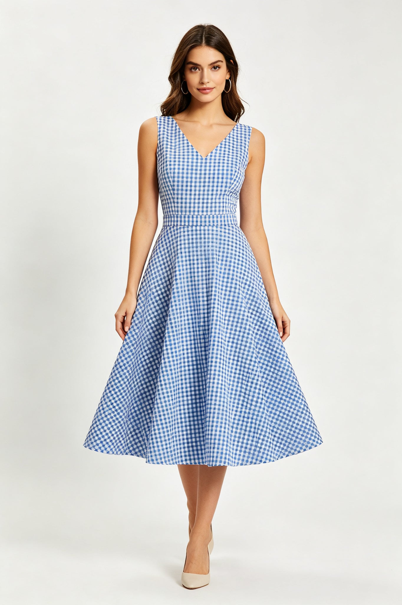 Blue White Gingham Fit and Flare Midi Dress - Blue White Gingham