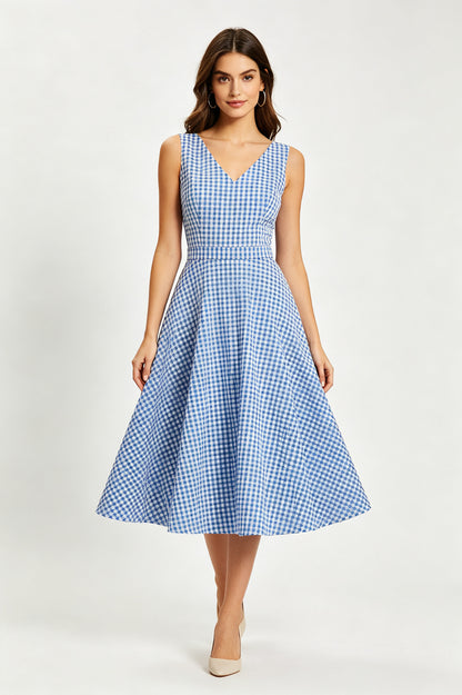 Blue White Gingham Fit and Flare Midi Dress - Blue White Gingham
