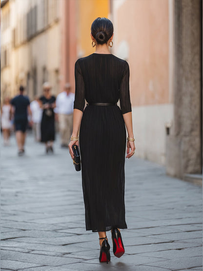 Belted Pleated Column Maxi Dress