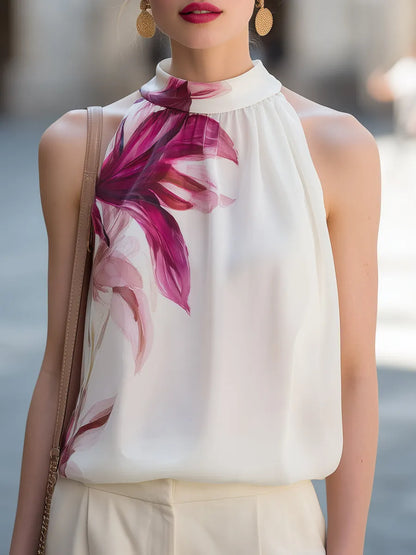 Floral Print High-Neck Halter Sleeveless Top