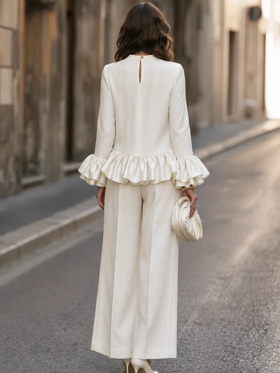 Ruffle-Hem Long-Sleeve Top And Wide-Leg Pants Set