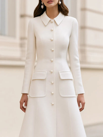 Wool Blend Point Collar Pearl Button Lace Hem Fit & Flare Midi Coat Dress