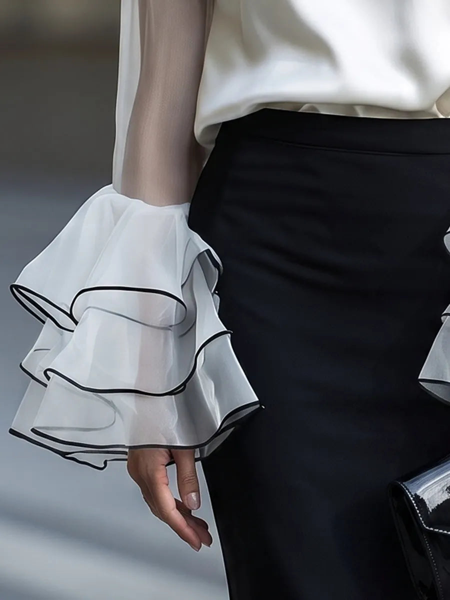 Sheer Ruffle Sleeve Satin Blouse & High-Waist Pencil Skirt Set