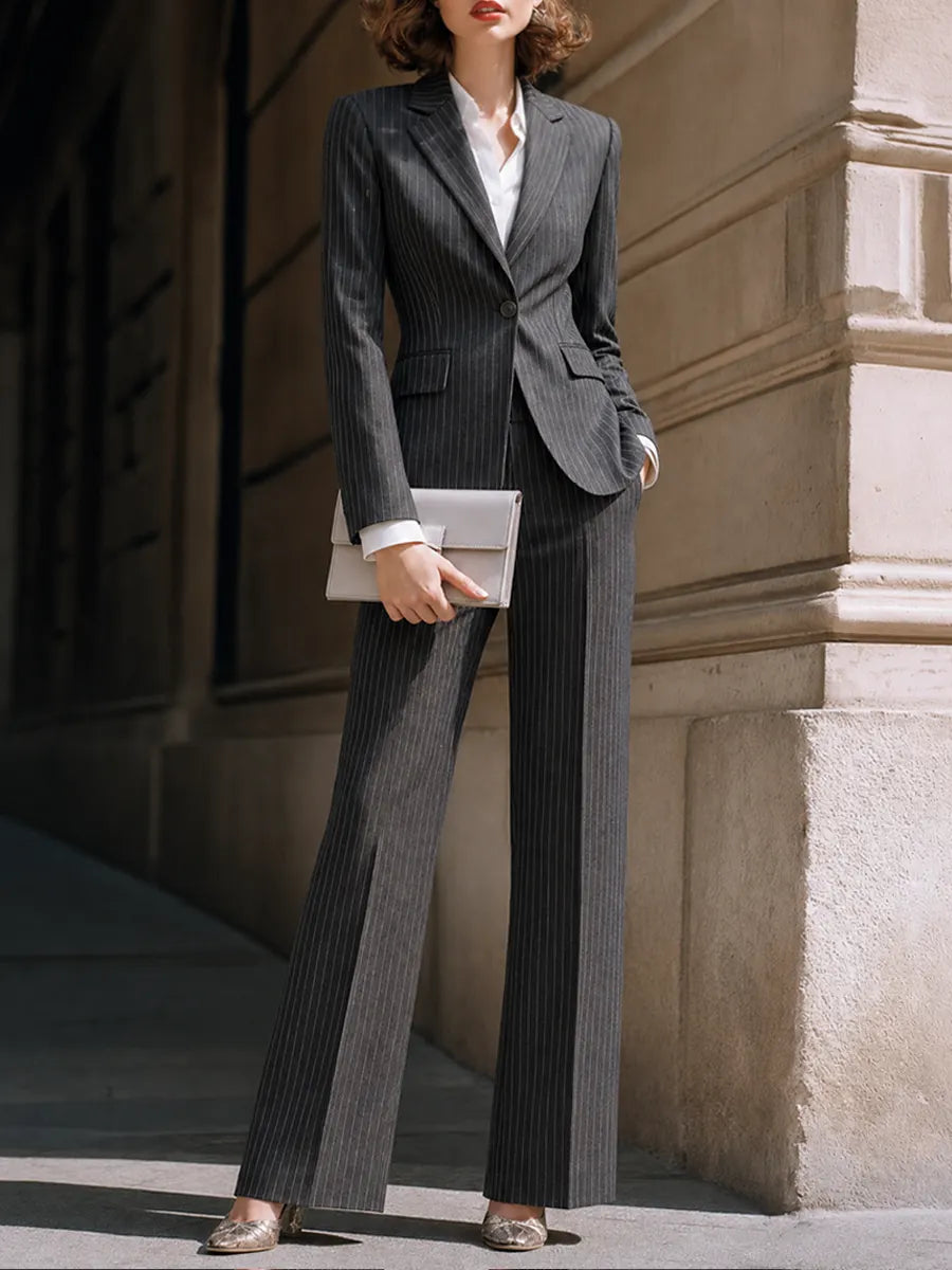 Pinstripe Single-Button Blazer And Wide-Leg Pants Set