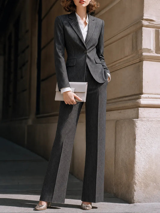 Pinstripe Single-Button Blazer And Wide-Leg Pants Set