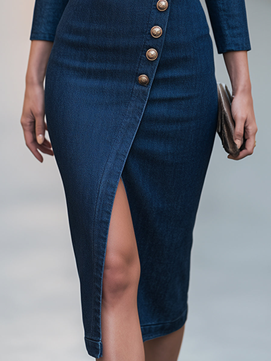 Asymmetric Button Front Denim Midi Dress