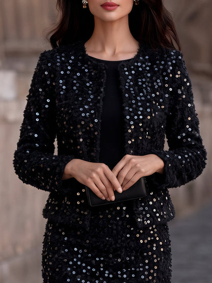 Sequin Tweed Cropped Jacket Midi Skirt Two-Piece Set