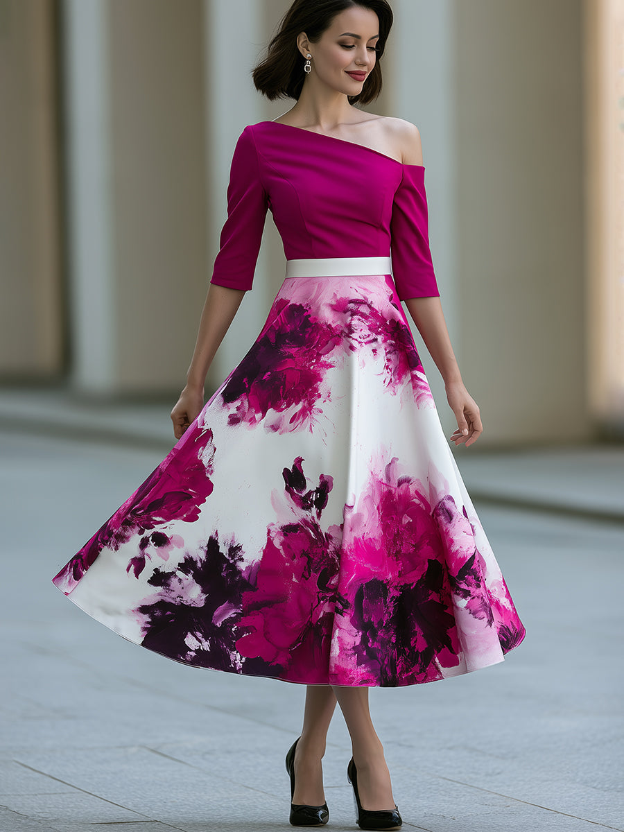 One Shoulder Floral Print A-Line Midi Dress