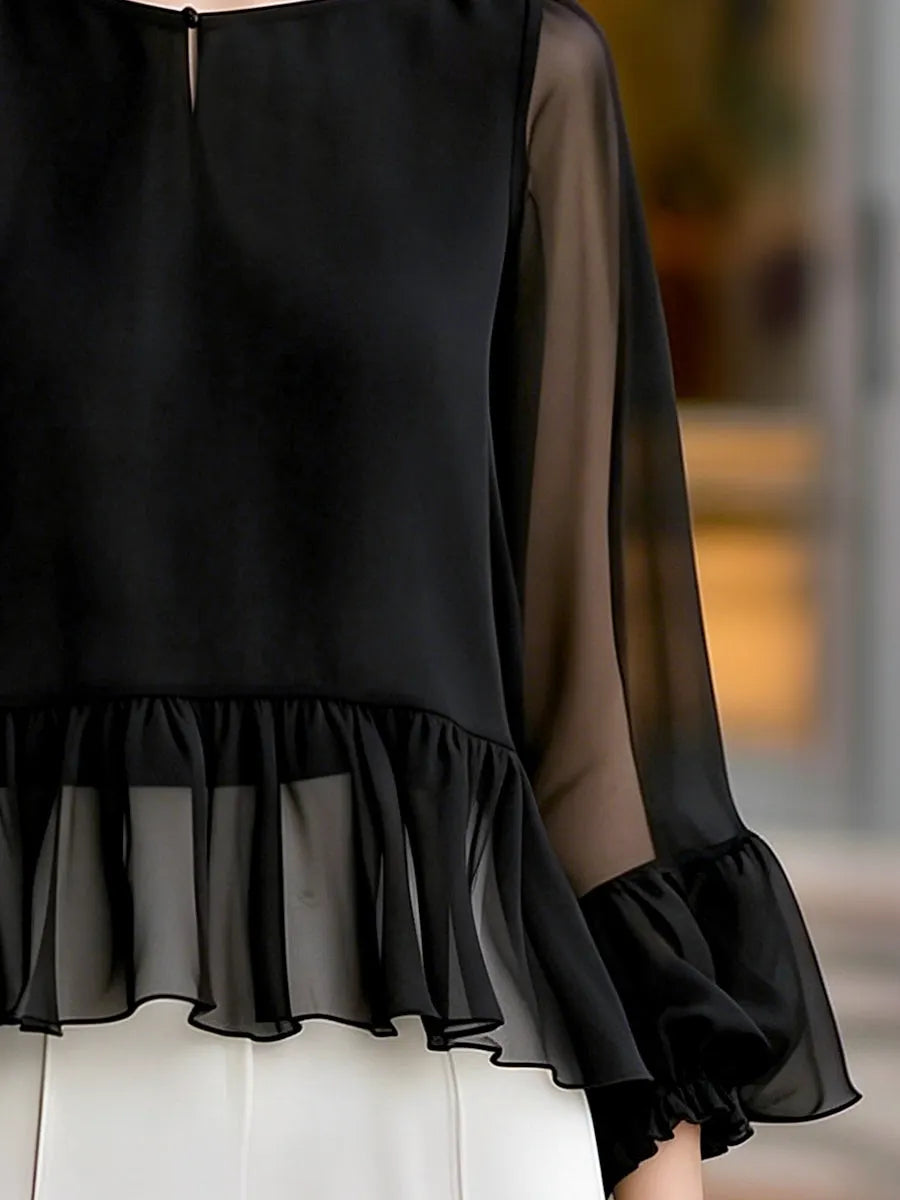 Boat Neckline Chiffon Peplum Ruffle Blouse
