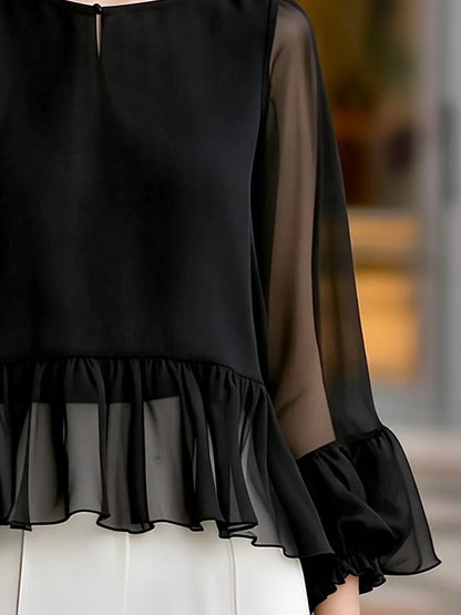 Boat Neckline Chiffon Peplum Ruffle Blouse