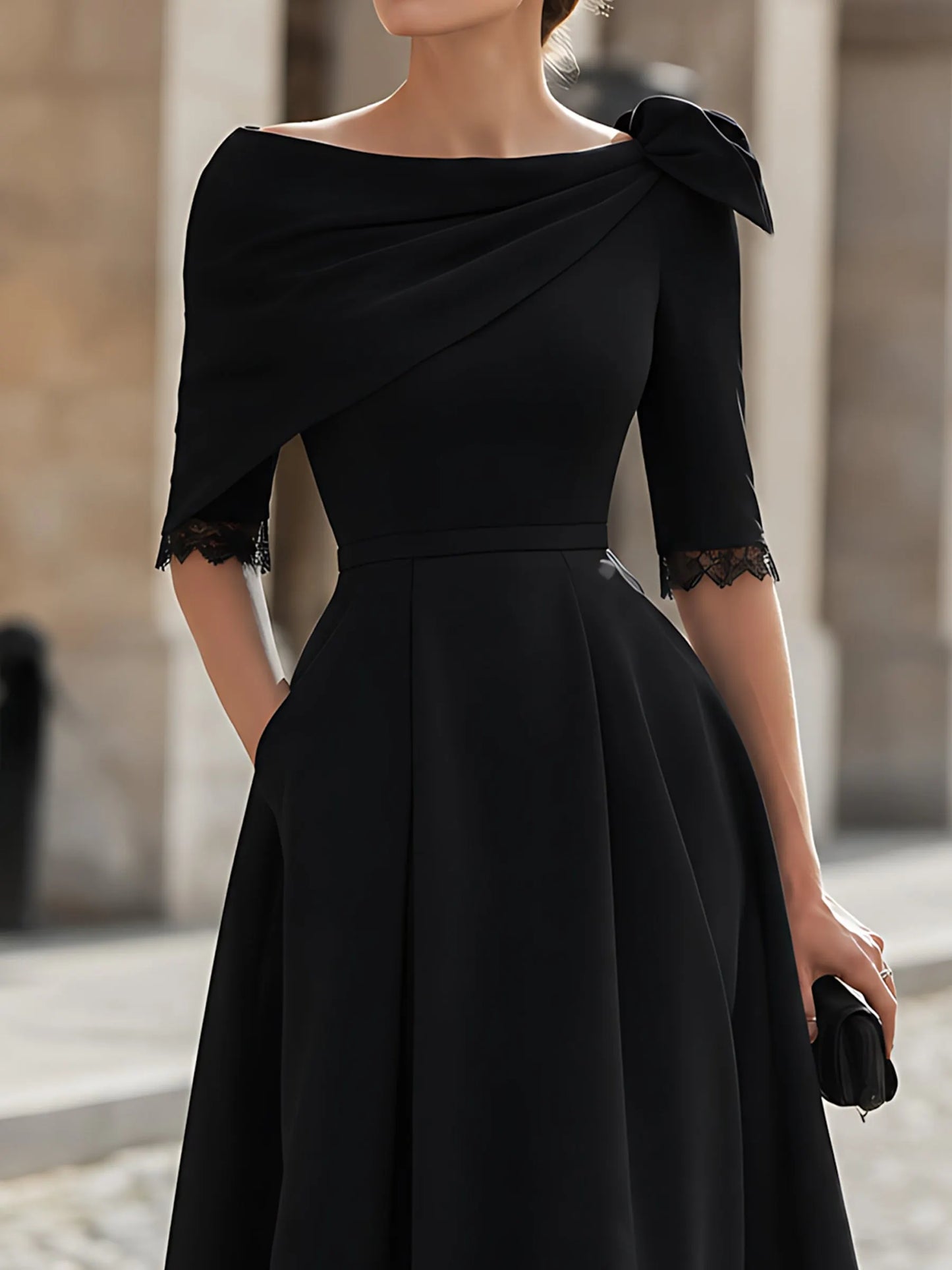 Lace-Cuff Draped-Collar Midi Dress