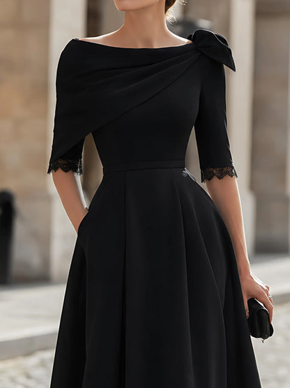 Lace-Cuff Draped-Collar Midi Dress
