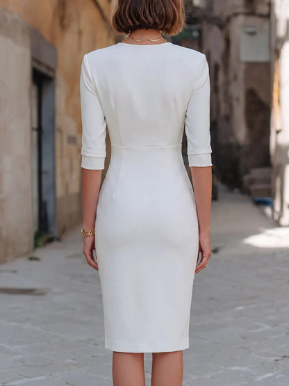 Surplice V-Neck Asymmetric Gold Zipper Pencil Midi Dress