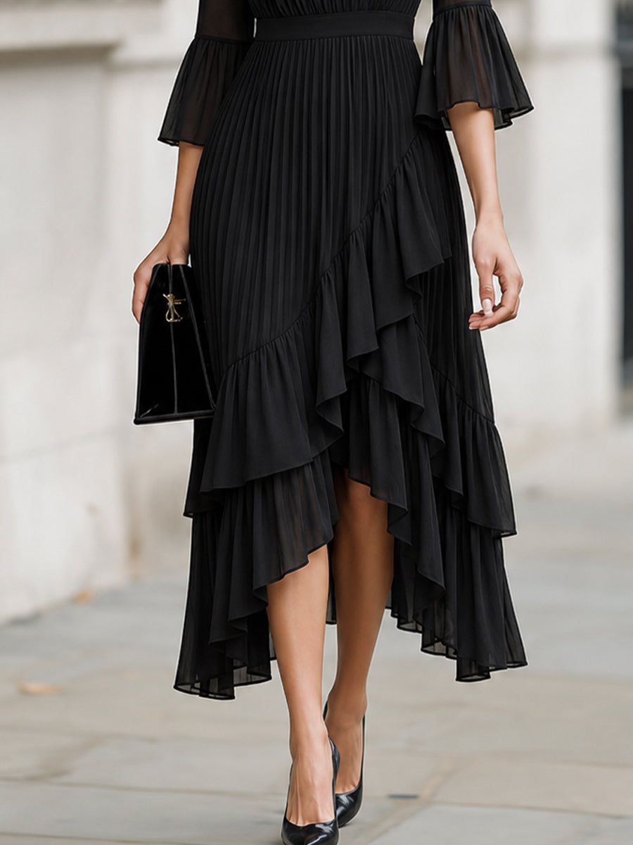 V-Neck 3/4 Flare Sleeve Pleated Chiffon Midi Dress