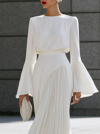 Bell-Sleeve Blouse And Pleated Maxi Skirt Set