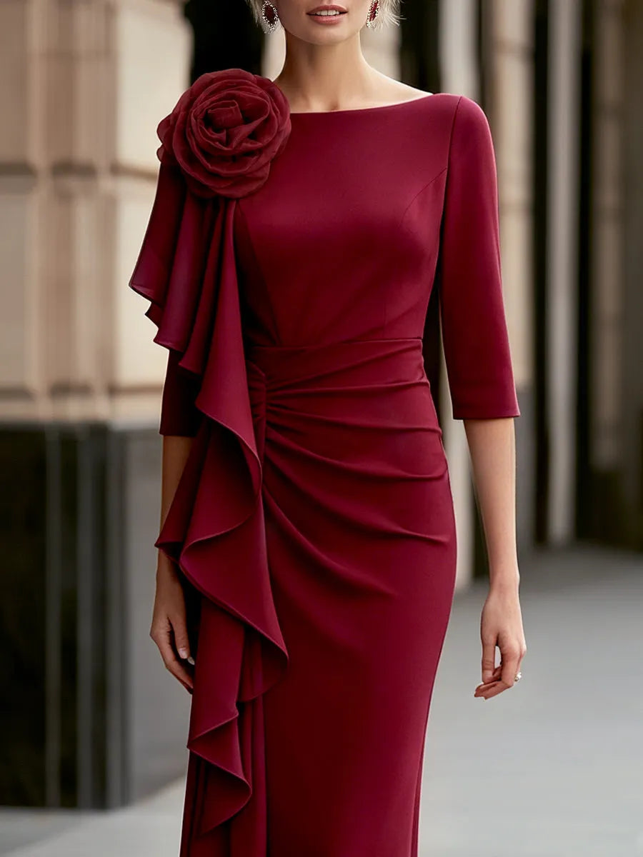 Floral Shoulder Draped Ruffle Detail Maxi Dress