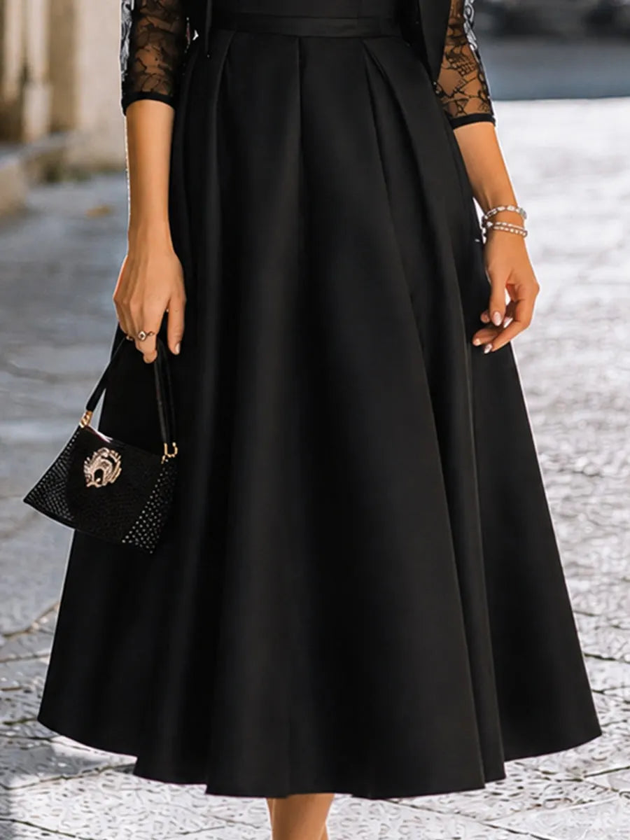 Satin V-Neck Midi Dress & Lace Sleeve Blazer Two-Piece Set