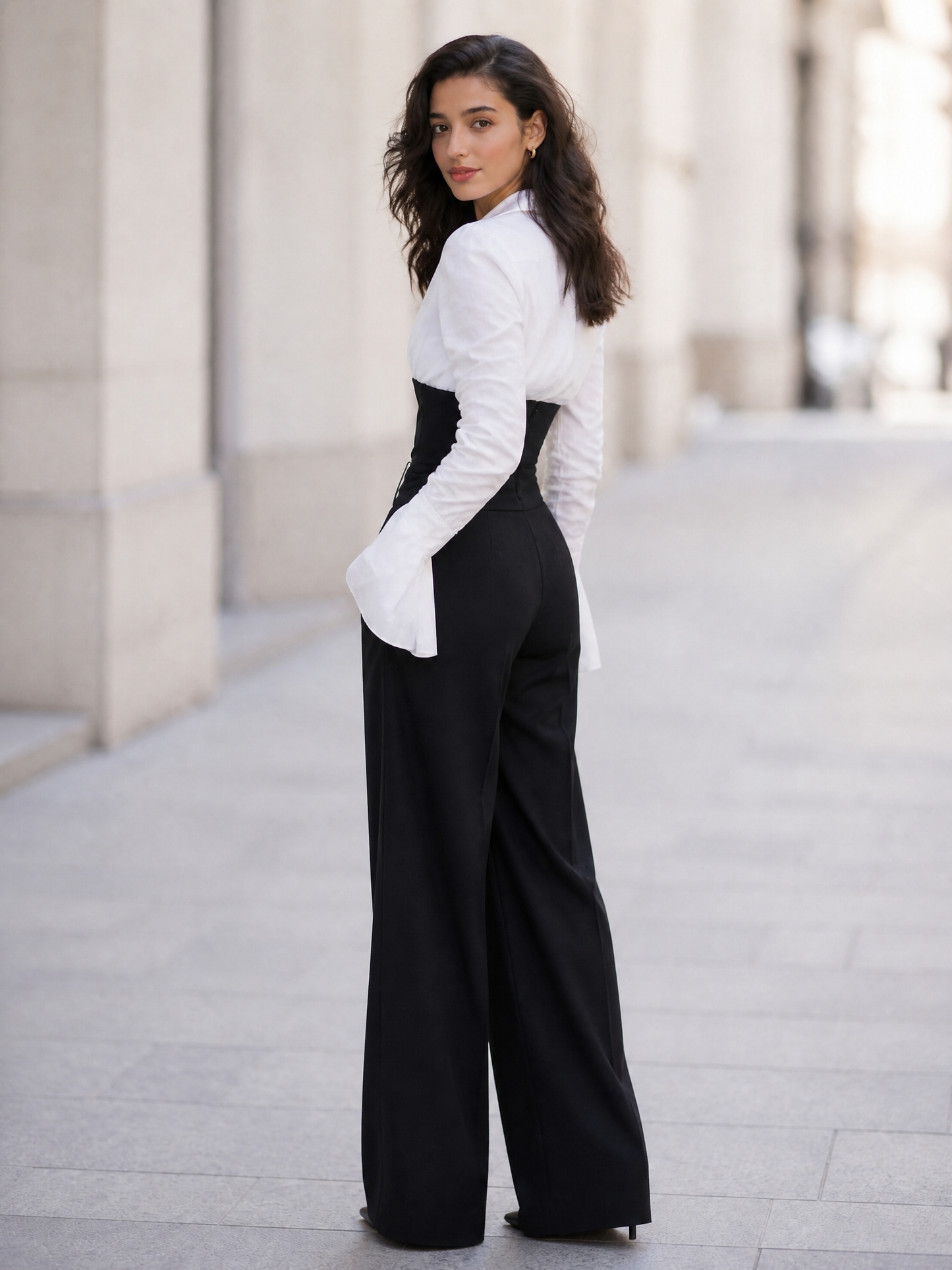 Women's Contrast V-Neck Long Sleeve High Waist Wide Leg Jumpsuit
