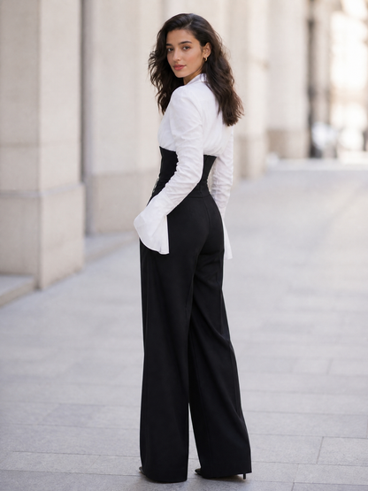 Women's Contrast V-Neck Long Sleeve High Waist Wide Leg Jumpsuit