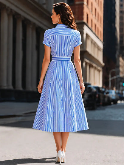 Striped Shirt Collar Fit-and-Flare Midi Dress