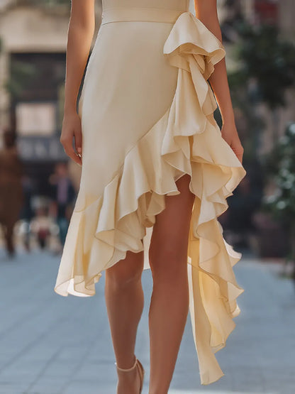 Asymmetric Ruffle Cascade Satin Midi Dress