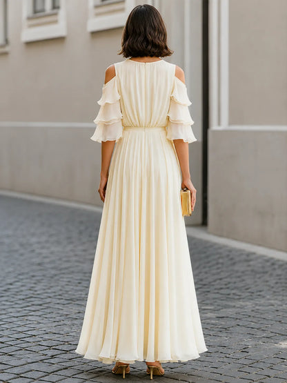 Cold Shoulder Layered Sleeve Chiffon Maxi Dress Flowing Pleats