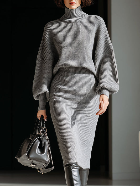 Robe pull chauve-souris à col roulé et côtes grises