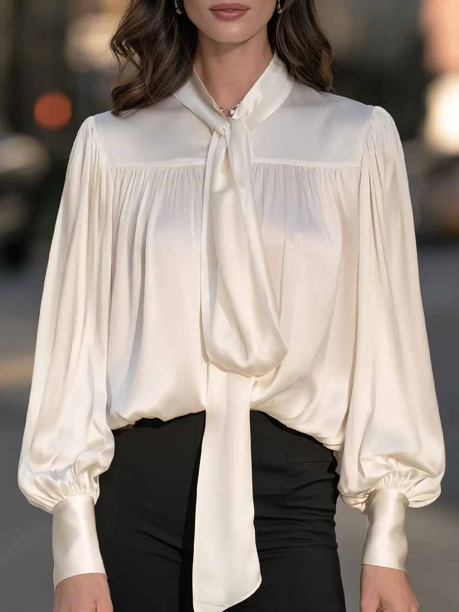 Tie-Neck Yoke-Gathered Balloon Sleeve Satin Blouse