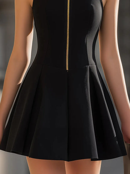 Stand-Up Collar Gold-Zip Sleeveless Fit-and-Flare Mini Dress