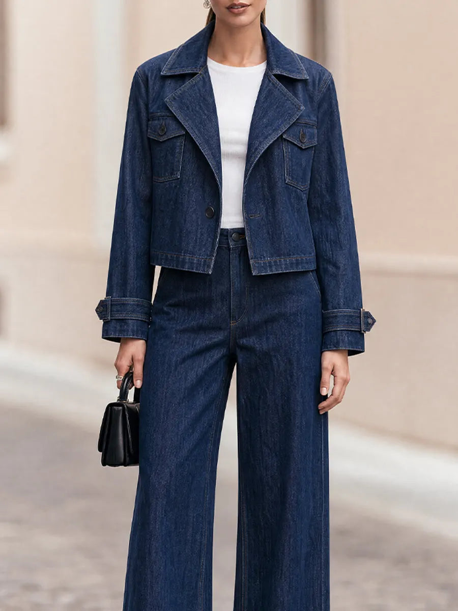 Notched Lapel Cropped Jacket & High Waist Wide Leg  Trousers Two-Piece  Suit