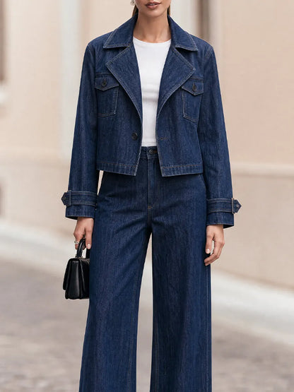 Notched Lapel Cropped Jacket & High Waist Wide Leg  Trousers Two-Piece  Suit