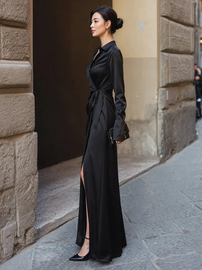 Collared Wrap-Front Tie-Waist Maxi Dress