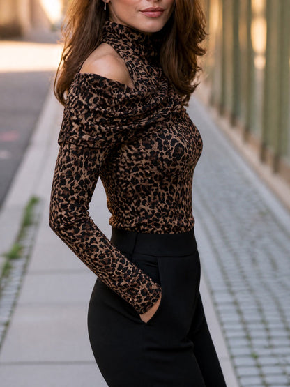 Leopard Print Draped Neck Long Sleeve Top