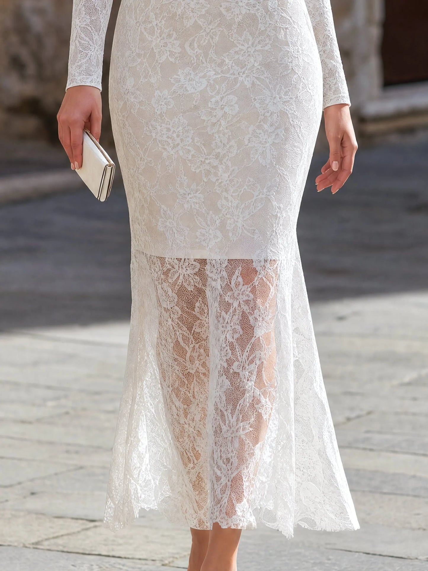 High-Neck Floral Lace Mermaid Long Dress