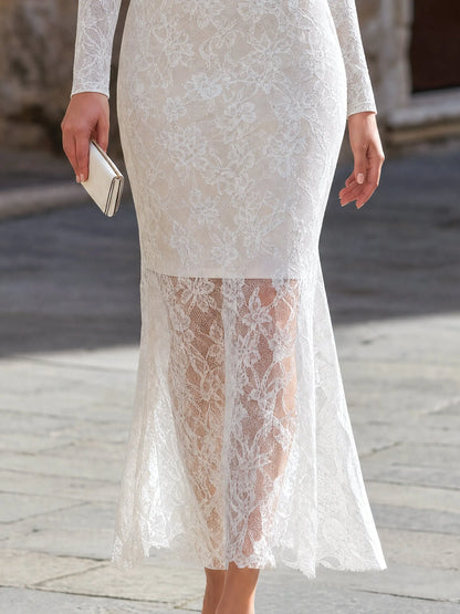 High-Neck Floral Lace Mermaid Long Dress