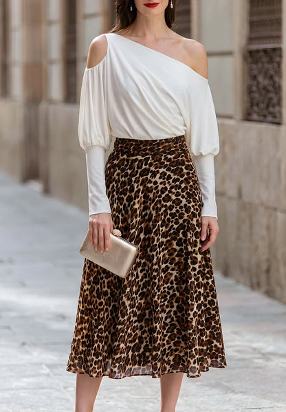 One-Shoulder Draped Top And Leopard-Print Midi Skirt Set