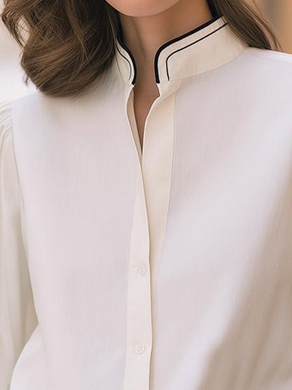Contrast Piping Mandarin Collar Blouse