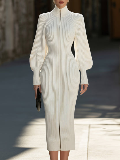 Front Zipper Ribbed Knit High-Neck Midi Dress