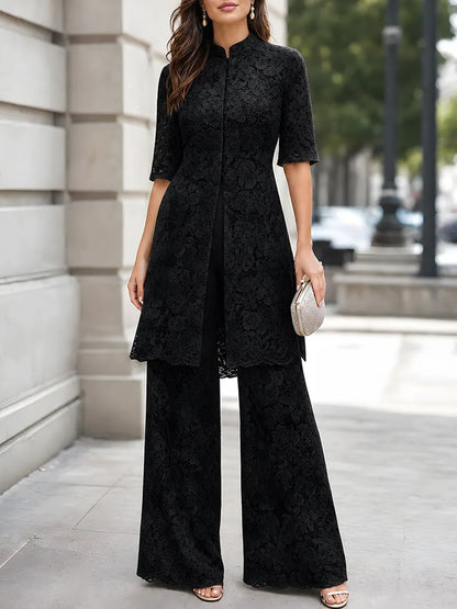 Floral Lace Longline Tunic And Wide-Leg Pants Set