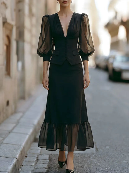 Sheer Puff Sleeve Button-Front Corset Top & Slim Midi Skirt Set