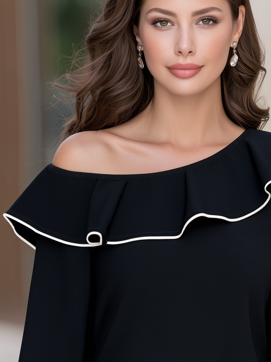 One Shoulder Ruffle Neck Long Sleeve Top
