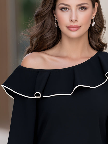 One Shoulder Ruffle Neck Long Sleeve Top