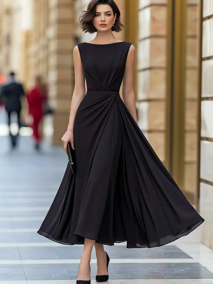 Sleeveless Chiffon Pleated A-Line Midi Dress