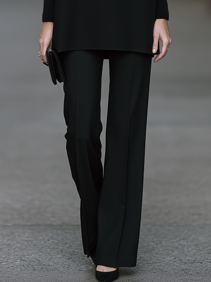 Turtleneck Knit Top, Deep V Sleeveless Tunic And Wide-Leg Trouser Three-Piece Set